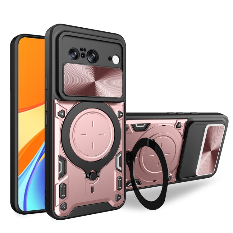 Pink phone case with sliding camshield and magnetic ring holder for protection