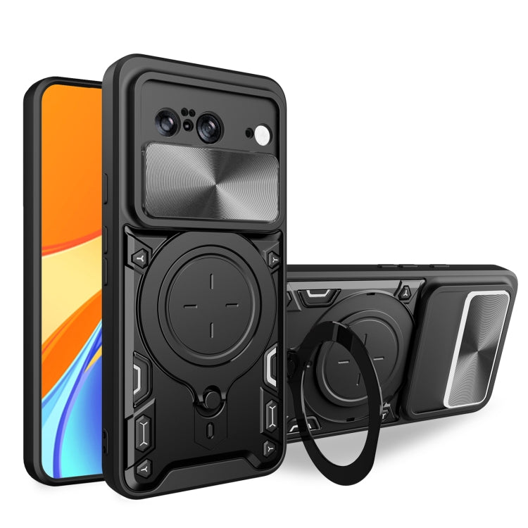 Black phone case with sliding camshield and magnetic ring holder for protection