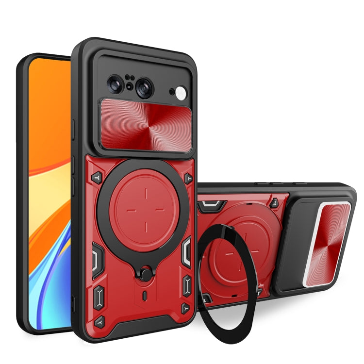Red phone case with sliding camshield and magnetic ring holder for protection