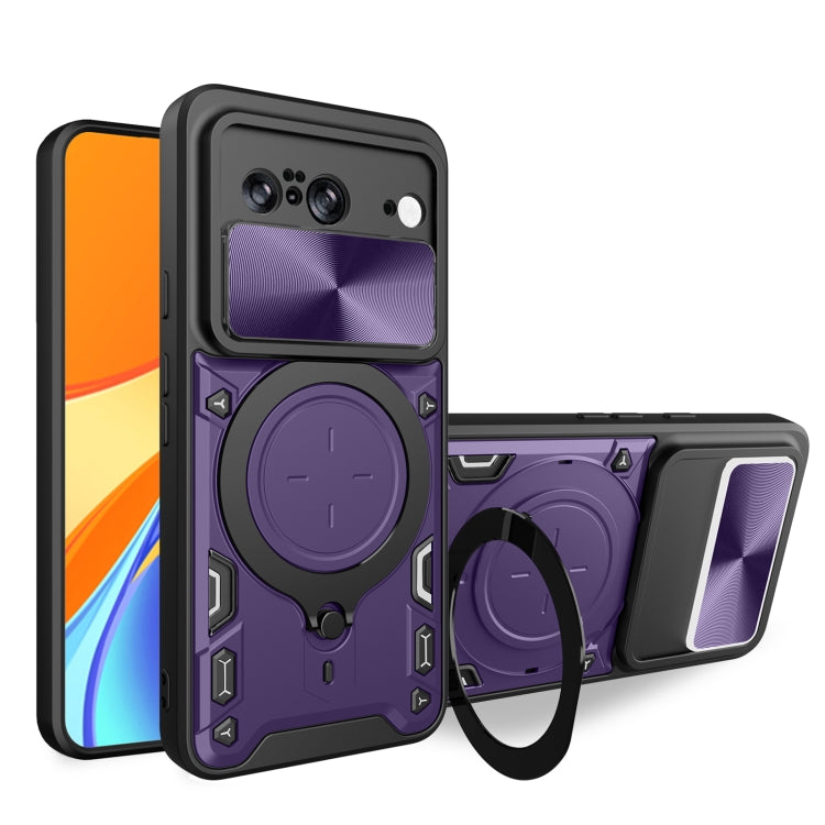 Purple rugged phone case with sliding camshield and magnetic ring stand