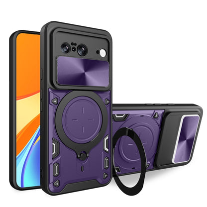 Purple rugged phone case with sliding camshield and magnetic ring stand