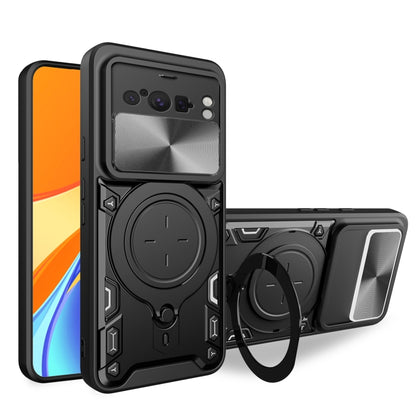 Black phone case with sliding camshield cover and magnetic circular ring holder