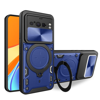Blue phone case with sliding camshield and magnetic ring holder for protection