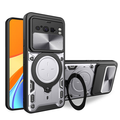 Silver-gray phone case with sliding camshield and magnetic ring holder for protection
