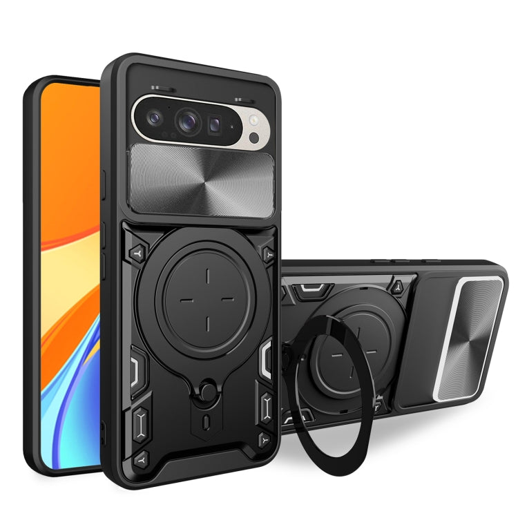 CD texture sliding magnetic holder phone case with camshield, black/silver