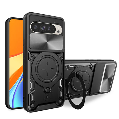 CD texture sliding magnetic holder phone case with camshield, black/silver