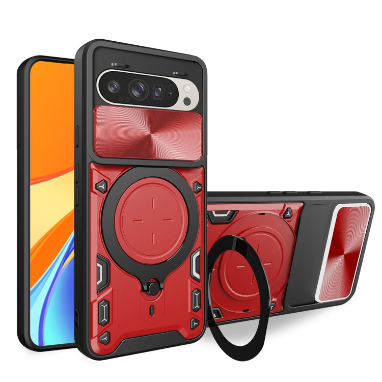 CD texture sliding magnetic holder phone case with camshield, red/silver