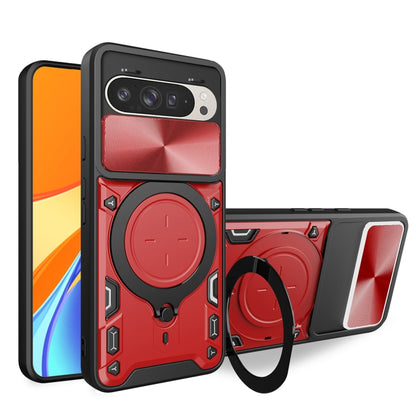 CD texture sliding magnetic holder phone case with camshield, red/silver