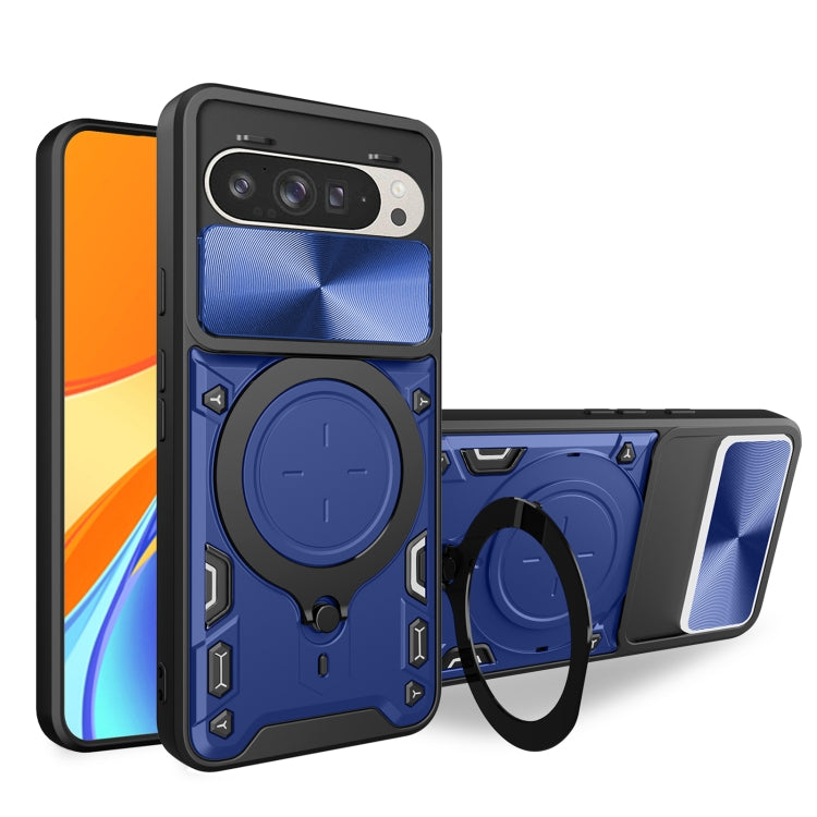 CD texture sliding magnetic holder phone case with camshield, blue/silver