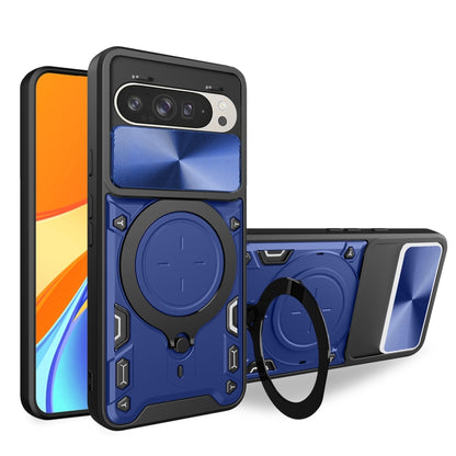 CD texture sliding magnetic holder phone case with camshield, blue/silver