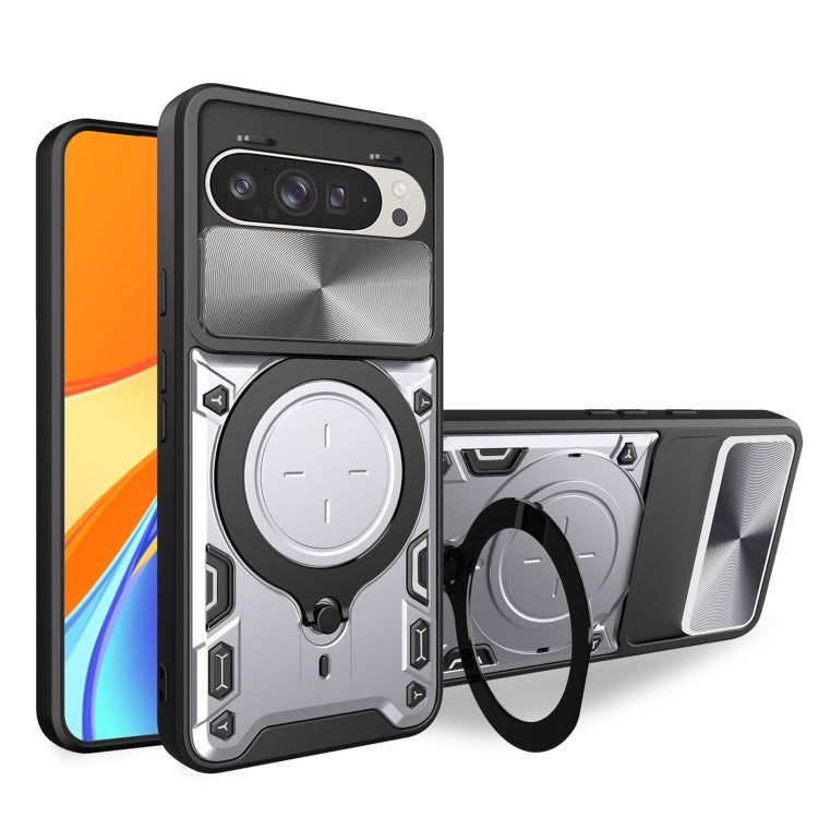 CD texture sliding magnetic holder phone case with camshield, silver/gray
