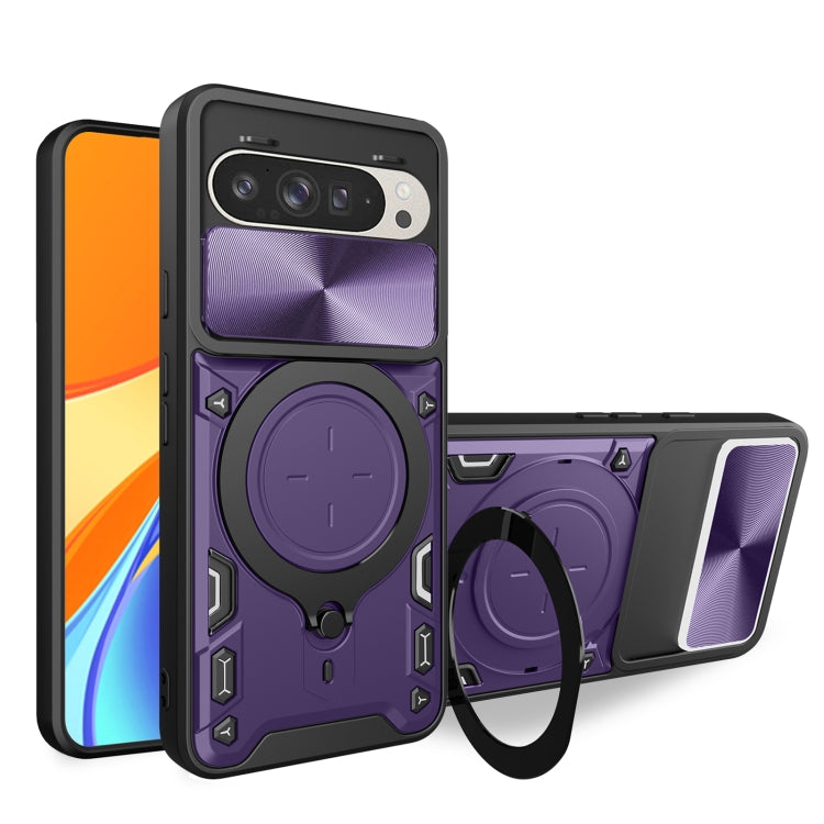Purple phone case with sliding camshield cover and magnetic circular ring holder