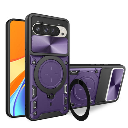 Purple phone case with sliding camshield cover and magnetic circular ring holder