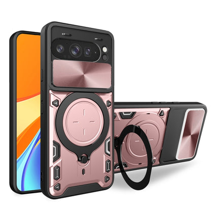 Pink textured phone case with sliding camshield cover and magnetic ring holder, black trim.
