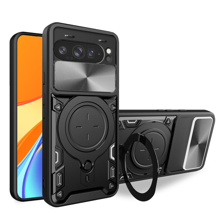 CD texture sliding magnetic holder phone case with camshield, black/silver