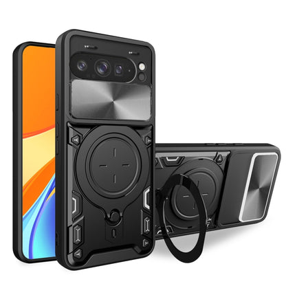 CD texture sliding magnetic holder phone case with camshield, black/silver