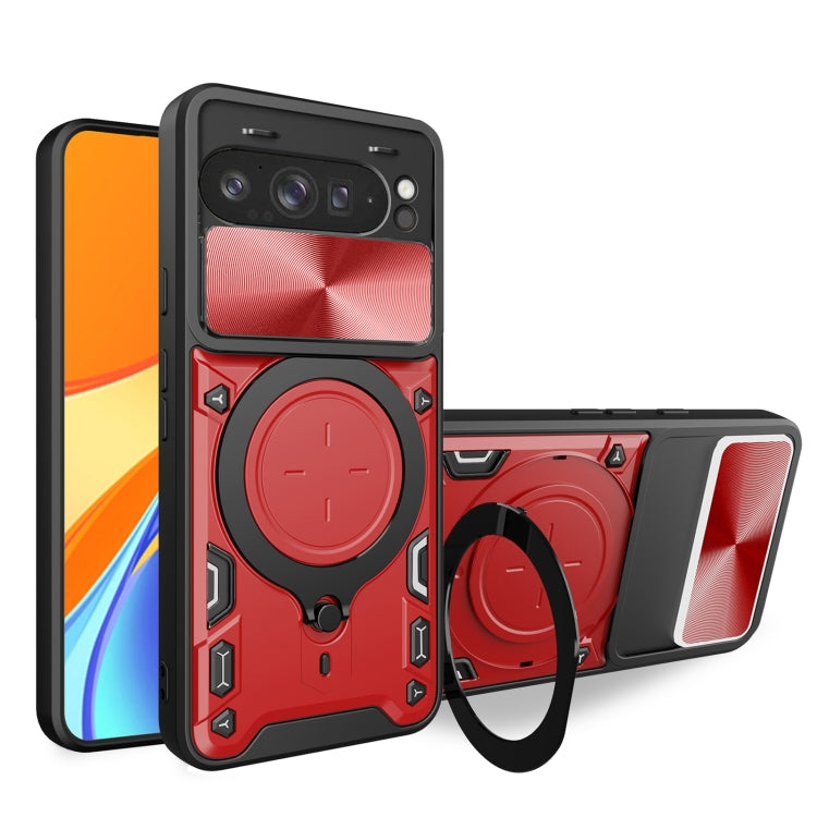 CD texture sliding magnetic holder phone case with camshield, red/silver