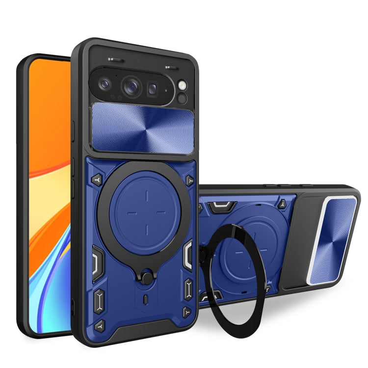 CD texture sliding magnetic holder phone case with camshield, blue/silver