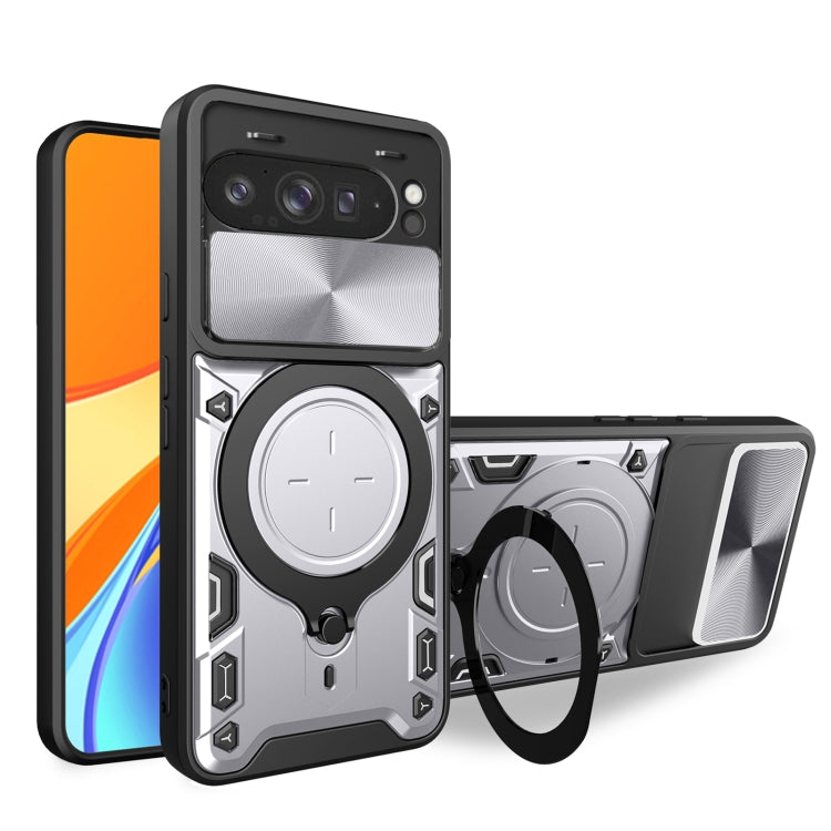 CD texture sliding magnetic holder phone case with camshield, silver/gray