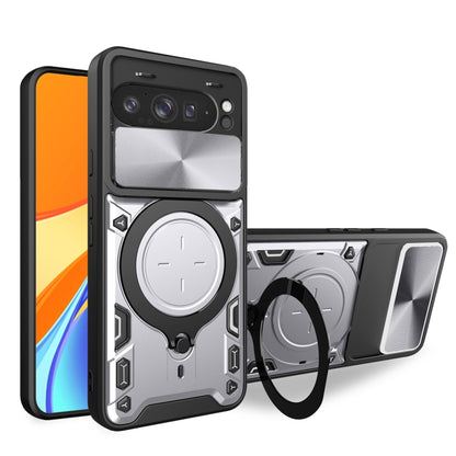 CD texture sliding magnetic holder phone case with camshield, silver/gray