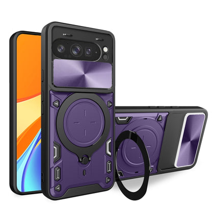 CD texture sliding magnetic holder phone case with camshield, purple/silver