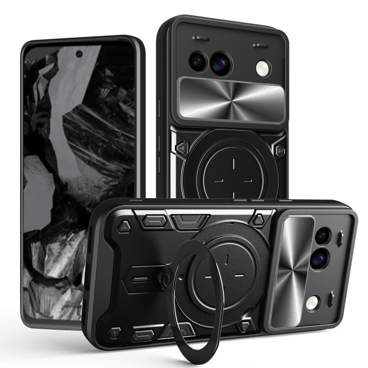 Black phone case with sliding camshield cover and magnetic circular ring holder