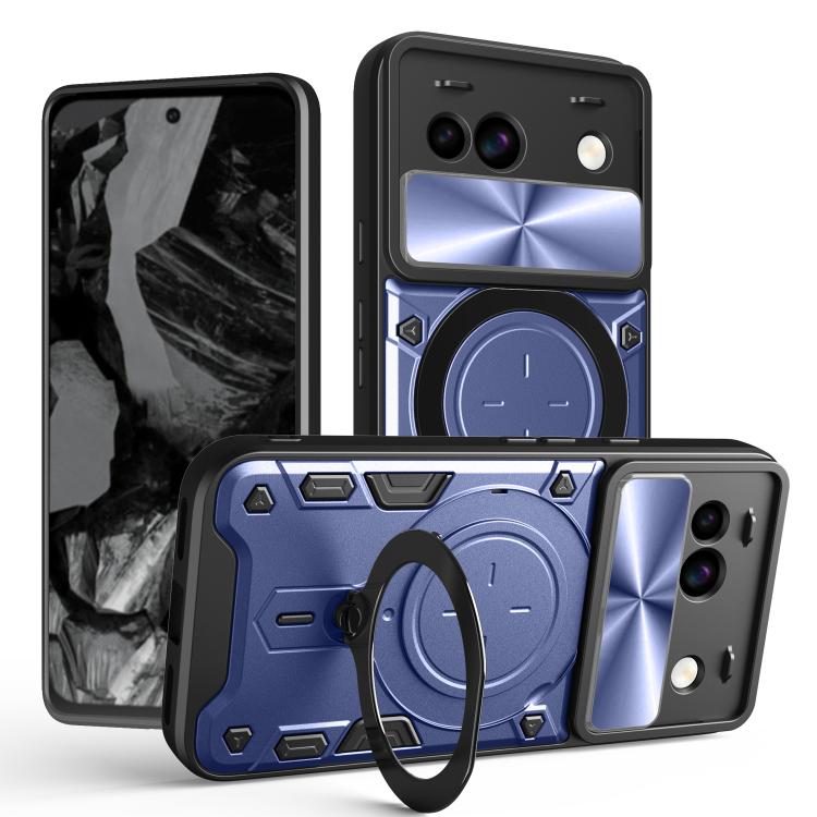 Blue phone case with sliding camshield cover and magnetic circular ring holder