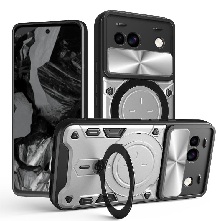 Silver gray phone case with sliding camshield cover and magnetic circular ring holder