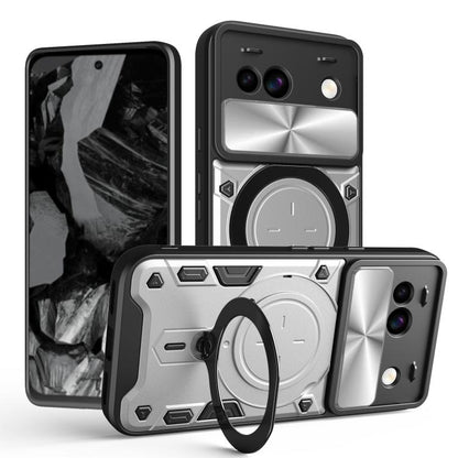 Silver gray phone case with sliding camshield cover and magnetic circular ring holder