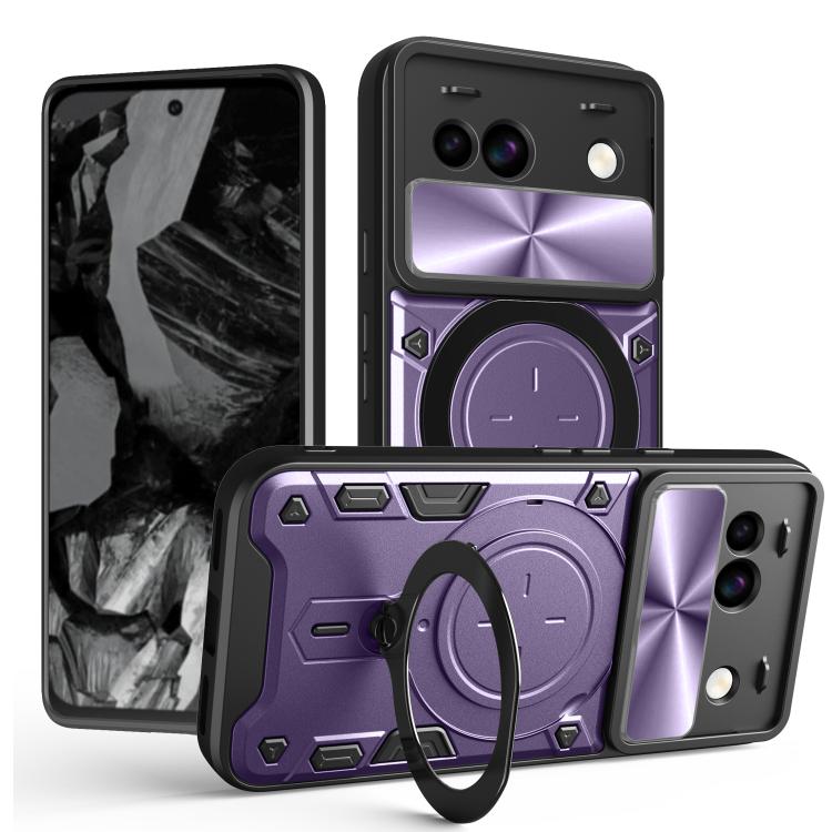 Purple phone case with sliding camshield cover and magnetic circular ring holder