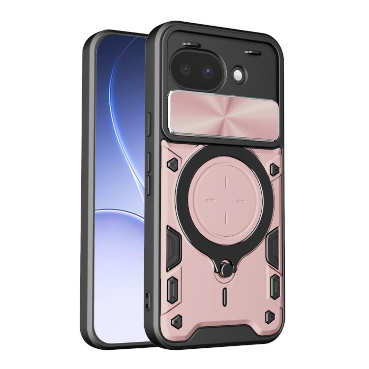 Pink textured phone case with sliding camshield cover and pink magnetic ring holder.
