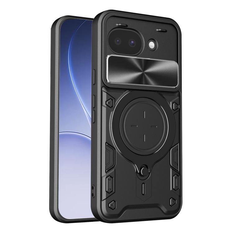 Black textured phone case with sliding camshield cover and black magnetic ring holder.