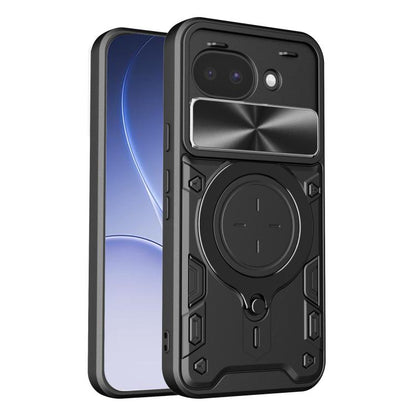 Black textured phone case with sliding camshield cover and black magnetic ring holder.