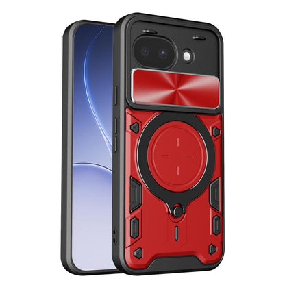Red textured phone case with sliding camshield cover and red magnetic ring holder.
