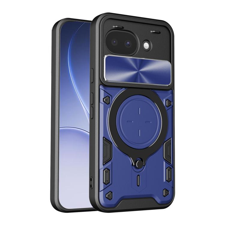 Blue textured phone case with sliding camshield cover and blue magnetic ring holder.