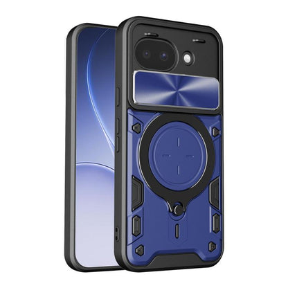 Blue textured phone case with sliding camshield cover and blue magnetic ring holder.