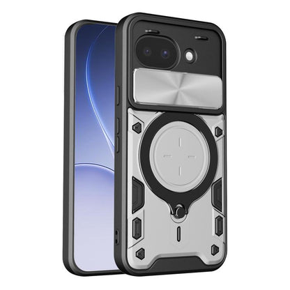 Silver textured phone case with sliding camshield cover and silver magnetic ring holder.