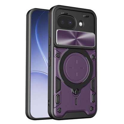 Purple textured phone case with sliding camshield cover and purple magnetic ring holder.