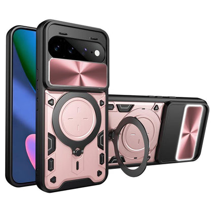 Pink CD texture sliding camera cover magnetic phone case with dual ring holder kickstand