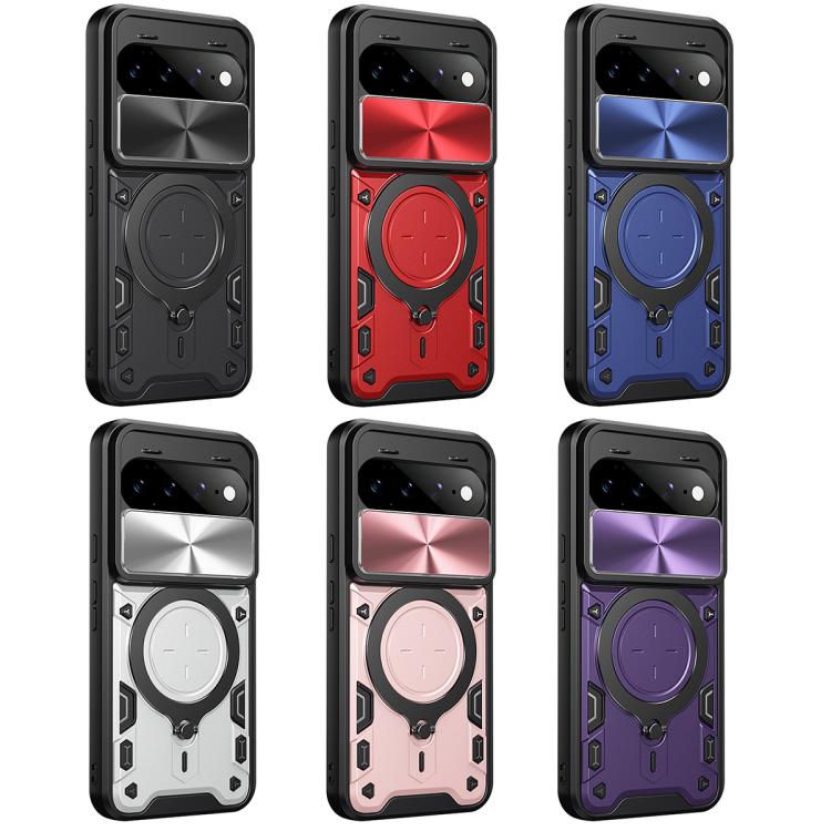 Magnetic phone cases with sliding camera cover and ring holder in multiple colors (pink, red, blue, silver, purple, black)