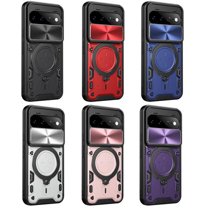 Magnetic phone cases with sliding camera cover and ring holder in multiple colors (pink, red, blue, silver, purple, black)
