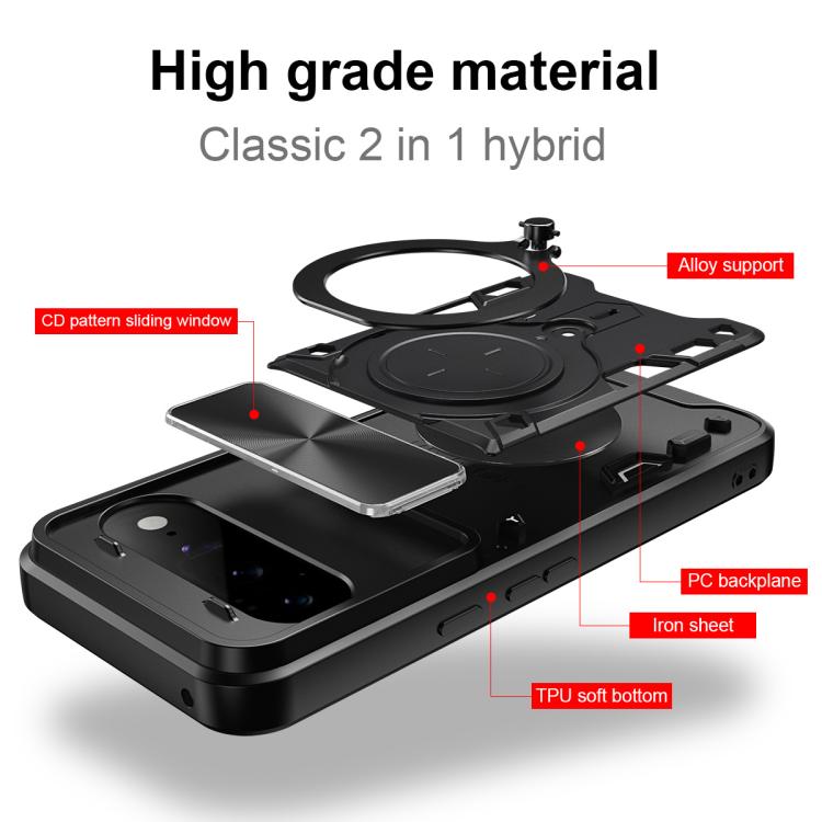 Black CD texture hybrid phone case with sliding window and circular magnetic holder