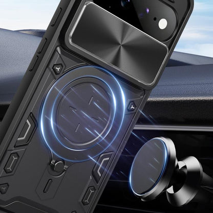 Black phone case with CD texture sliding camera cover and glowing ring magnetic holder