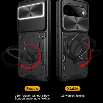 Black magnetic phone case with circular ring holder and sliding camera cover, adjustable fold