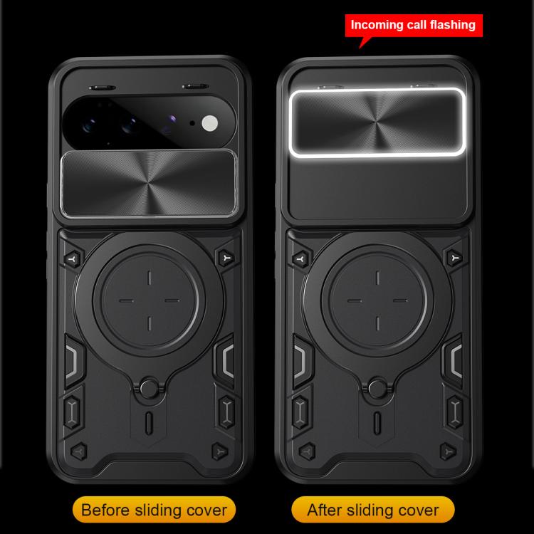 Black magnetic phone case with circular ring holder and rectangular sliding camera cover
