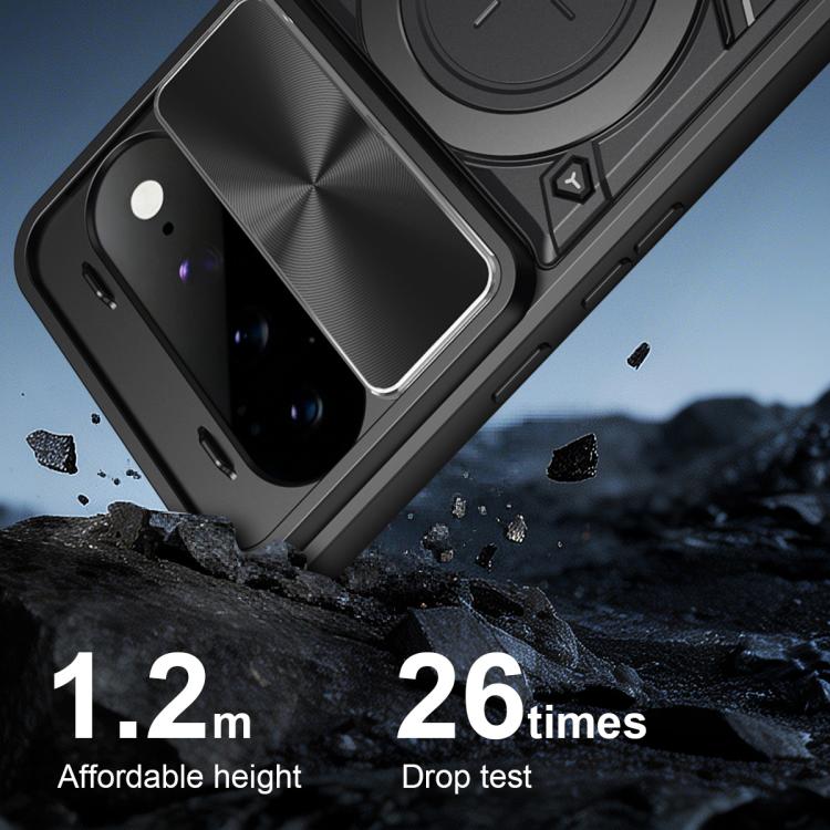 Black textured phone case with sliding camera cover and circular magnetic holder