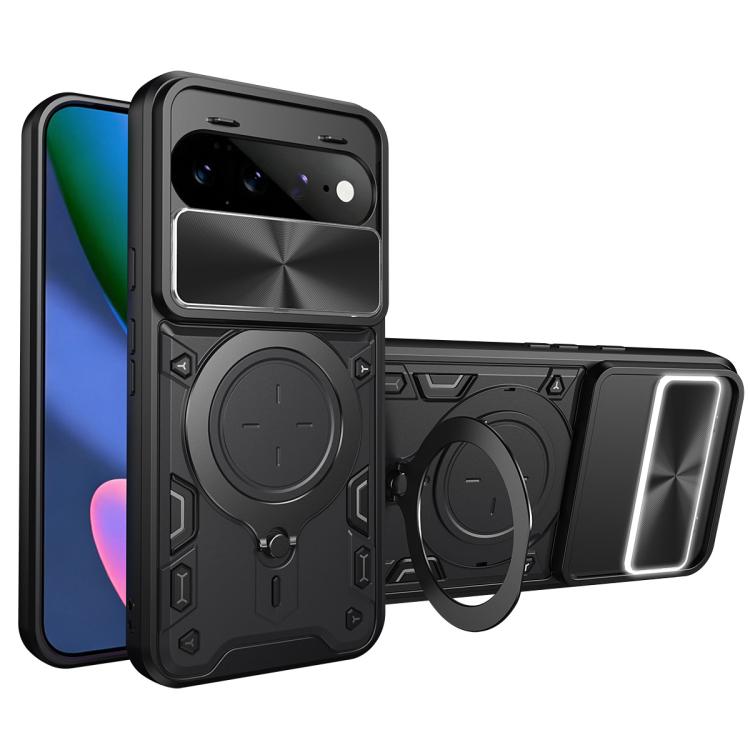 Black CD texture magnetic phone case with sliding camera cover and ring kickstand (silver window)