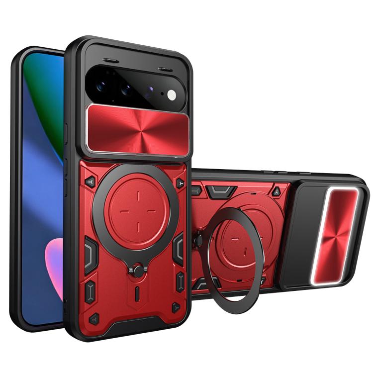 Red CD texture magnetic phone case with sliding camera cover and ring kickstand (red window)