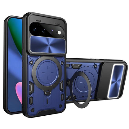 Blue textured phone case with sliding camshield cover and magnetic ring holder, black edges.