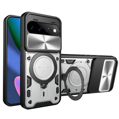 Silver textured phone case with sliding camshield cover and white magnetic ring holder.
